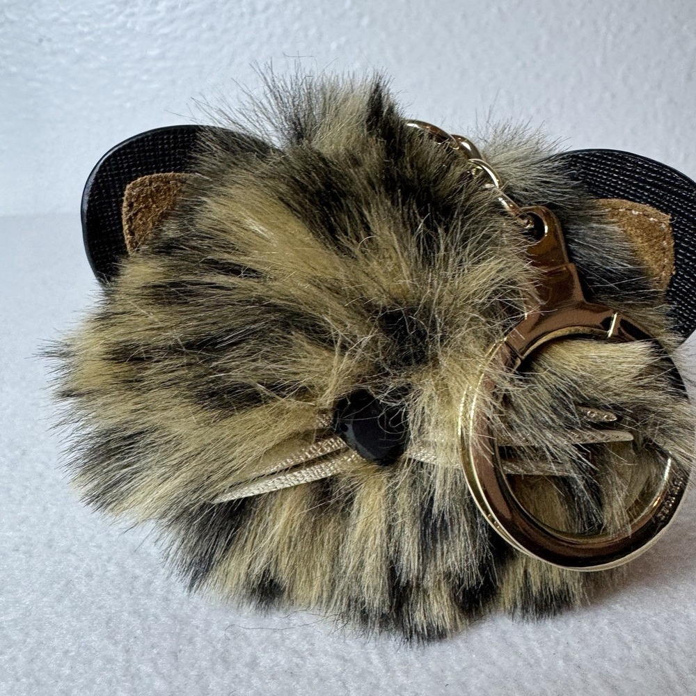Kate Spade New York Cat Pouf Keychain Cheetah Bag Charm Soft Kitty Brown Black - Picture 2 of 11